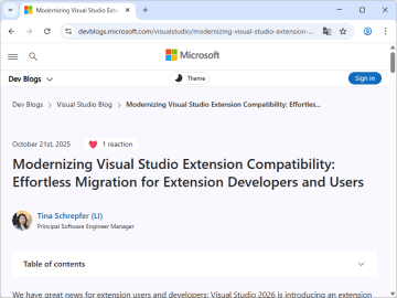 「Visual Studio 2022」の拡張機能は「Visual Studio 2026」でもそのまま動く／新しい拡張機能互換性モデルで、拡張機能開発者・利用者双方の負担が大幅減