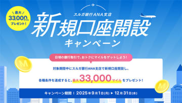 スルガ銀行ANA支店　新規口座開設で最大3万3000マイル貯まる 12/31 まで！　普通預金残高で最大3万マイル　口座振替引落しで最大2500マイル　15～30歳は500マイル貯まるぞ！