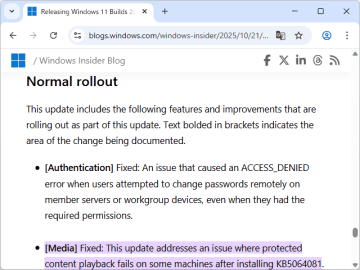 Windows 11 24H2/25H2で著作権保護コンテンツを再生できない問題、間もなく解決へ／Release Previewチャネルの「KB5067036」で解決済み、次のパッチで一般展開