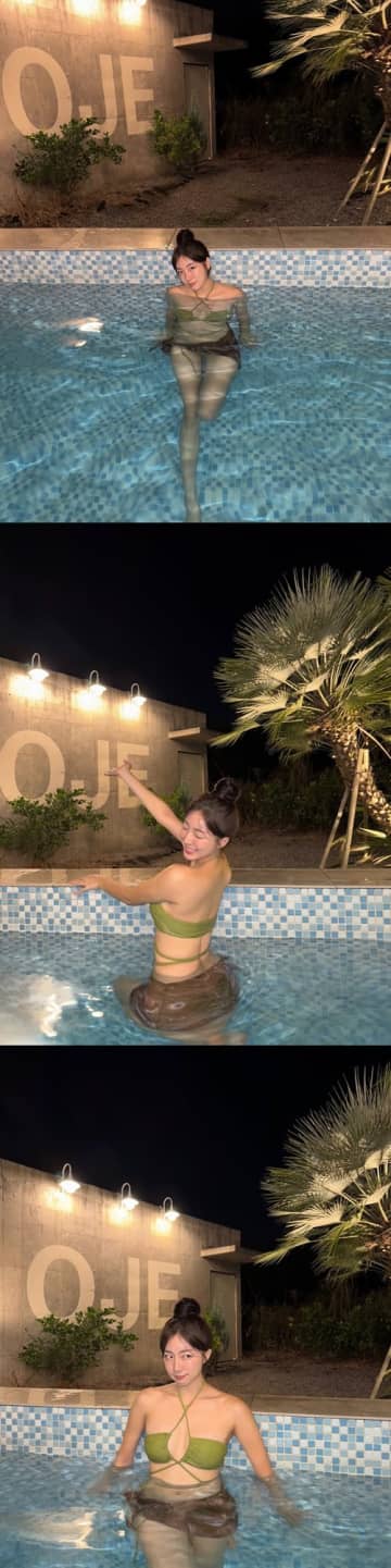 もはや“隠してる”だけ…韓国チアガール、布面積少なめスイムウェアのナイトプールSHOTにファン悶絶！【PHOTO】