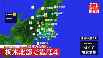 栃木・日光市で震度4　津波の心配なし