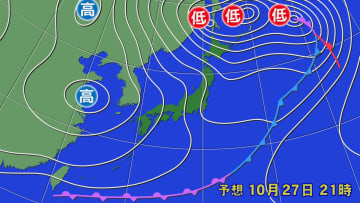 【10月27日(月)の天気】冬型の気圧配置　太平洋側は待望の日差し　日本海側はしぐれて夜から雪エリア拡大