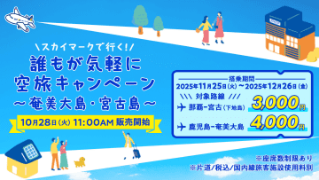 スカイマーク、鹿児島～奄美4000円/那覇～宮古3000円のセール明日から。11月末～12月搭乗分