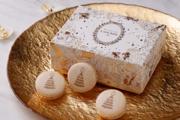 ラデュレ25年クリスマス限定マカロンボックス、“ギリシャ神話”着想の庭園やゴールドに輝くフリース模様