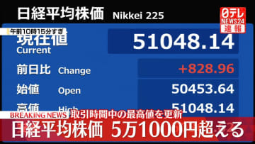 日経平均株価、一時5万1000円超に　取引時間中の最高値を更新