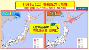 11月は荒天でスタート　３連休前半は関東などで警報級大雨、暴風の所も　交通機関に影響も【週間天気】