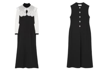 マメ クロゴウチの刺繍襟ドレスや花開くパールボタンベスト、上品な光沢のトリアセテート生地で