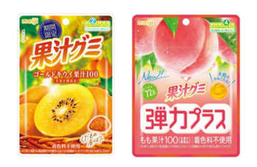 明治、「果汁グミゴールドキウイ」「果汁グミ弾力プラスもも」を全国で発売