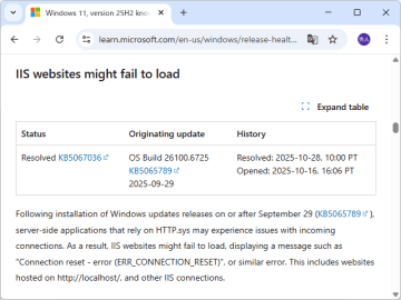 「IIS」「localhost」に接続できない問題、プレビューパッチ「KB5067036」で解決／Windows 11 バージョン 24H2/25H2、Windows Server 2025に影響