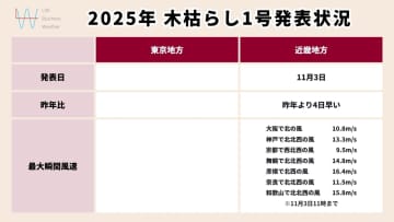 近畿地方で昨年より4日早く「木枯らし1号」発表！文化の日の今日は東京都心も北風冷たい？
