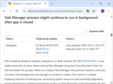 「KB5067036」に問題、「タスク マネージャー」ウィンドウを閉じてもプロセスが残る／「Windows 11 バージョン 24H2/25H2」に影響