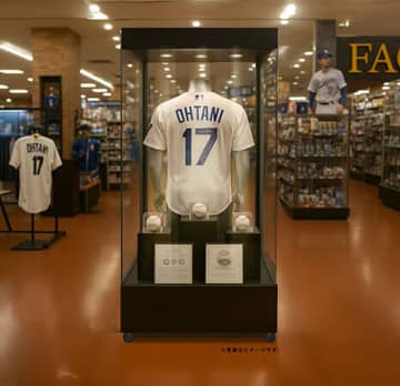 ナゴヤドーム前のベースボール専門店で、大谷選手のホームランボールや着用したユニフォームなど記念グッズを展示