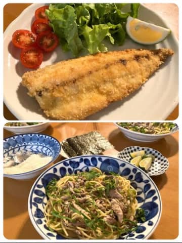 大～きな鯵フライと秋刀魚のパスタ「天然魚で美味しい食卓」
