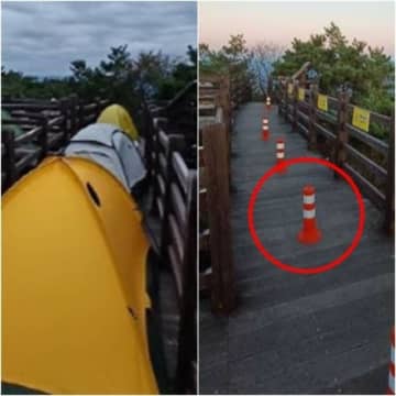 展望台の通路にテントを張る「迷惑キャンプ族」…春川市が対応に乗り出す＝韓国