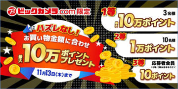 応募者全員にポイント進呈！「ビックカメラ・ドットコム」限定の「最大10万ポイント」プレゼントキャンペーン