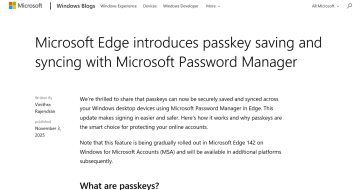 「Microsoft Edge」が複数Windowsデバイスでのパスキー同期が可能に／「Microsoft パスワード マネージャー」経由で保存したパスキーを複数端末で利用できる