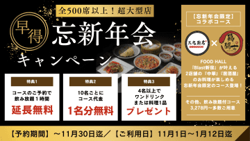新宿駅徒歩5分！全500席超の超大型FOOD HALL『Blast新宿』で忘新年会キャンペーン開催！飲み放題1時間延長＆10名ごとに1名無料！