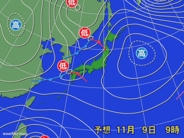 9日は広い範囲で雨　10日は西高東低で雪の所も