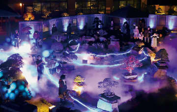 スモークに包まれ幻想的に…大宮盆栽美術館で特別ライトアップ　テラスから庭園を一望　浮かび上がる60鉢の盆栽、来場者を魅了　24日まで