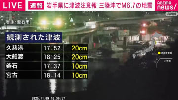 岩手の久慈港・大船渡で20cm、宮古・釜石で10cmの津波観測 東北地方で震度4