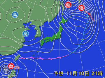 千島近海の低気圧と南シナ海の台風26号