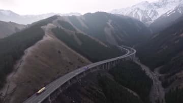 大橋と松林の秋景色が観光客を魅了　中国新疆ウイグル自治区