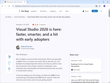 「Visual Studio 2026」が正式版に ～サクッと起動、キビキビ反応、そしてAIネイティブ／無料で使える「Community」エディションも継続提供