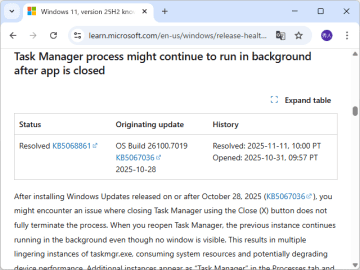 「タスク マネージャー」を閉じて開くたびにプロセスが増えていく問題、「KB5068861」で解決／プレビューパッチ適用の「Windows 11 バージョン 24H2/25H2」に影響