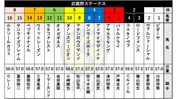 【武蔵野S枠順】フェブラリーS勝ち馬コスタノヴァは2枠4番　JDC3着のルクソールカフェは8枠16番