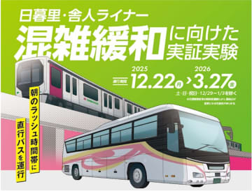 江北駅～日暮里駅で片道直行バス。日暮里・舎人ライナーの朝ラッシュ時間帯に無料運行