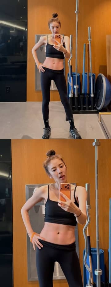 本当に42歳？産後7カ月で“20kg”ダイエット成功の韓国女優、美腹筋あらわな大胆レギンス姿を披露【PHOTO】