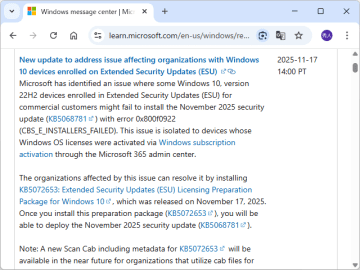 商用ESUでWindows 10セキュリティパッチが適用不能、Microsoftが解決策「KB5072653」を公開／「KB5068781」のインストールで「0x800f0922」（CBS_E_INSTALLERS_FAILED）が発生