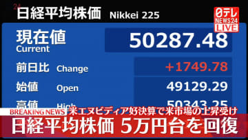 【速報】日経平均　一時5万円台回復　米エヌビディア好決算による米市場の上昇受け