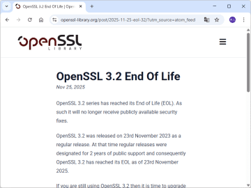 「OpenSSL 3.2」のサポートが終了、今後はセキュリティパッチの提供なし／「OpenSSL 3.5」「OpenSSL 3.6」への移行を