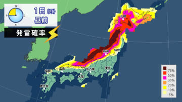 1日（月）北～西日本は広く大気不安定　雷や急な強い雨に注意
