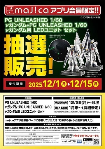 ドン・キホーテにてガンプラ「PG UNLEASHED 1/60 νガンダム+LEDユニット」セットの抽選販売実施！