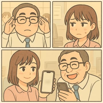 「お揃いのメガネにしちゃおうかな」と迫るおじさん社員。LINEのアカウントを聞かれたが、父の連絡先を渡し、説教攻めにした痛快な結末