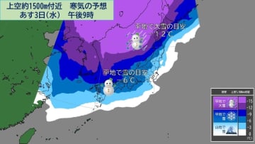 あす3日(水)今季一番の寒気襲来　北～西日本日本海側は平地でも積雪のおそれ