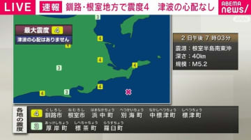 釧路・根室地方で震度4 津波の心配なし 午後7時03分頃