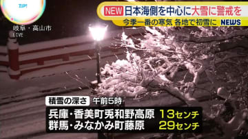 日本海側を中心に大雪に警戒を　今季一番の寒気、各地で初雪に