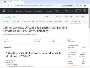 Windows版「Vim」に脆弱性 ～基本的なコマンドで悪意あるコードを実行される恐れ／修正版がリリース、アップデートを