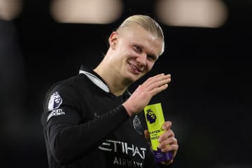 「驚異的なスピードで突き進んだ」 ハーランドが歴代最速！ 111試合でプレミア通算100ゴールの記録更新、ペップも「馬鹿げた数字」