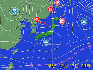 北は冬の天気と寒さ　東と西は小春日和つづく
