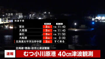 【速報】各地で津波観測…青森小川原港40cm・北海道浦河40cm・岩手県久慈港30cm・北海道えりも庶野30cm・岩手県宮古も観測中