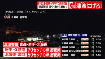 岩手・久慈港で0.7メートルの津波観測（1:13）