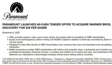 Paramount、米Warner買収に向けて株式公開買い付け。Netflixと争奪戦に