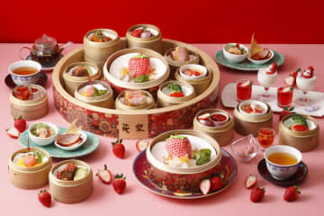 飲茶×いちごのアフタヌーンティー、1月10日から。点心やスイーツなど全19品を盛り付け