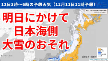 今日11日・明日12日の天気予報　明日にかけて日本海側は雪の範囲広がる　今日午後は太平洋側も落雷や竜巻注意