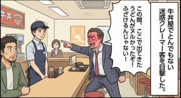 「うどんがヌルかったぞ！」牛丼屋で衝撃クレーマー客　店員のまさかの一言で退散【実録マンガ】