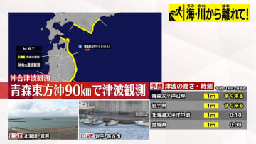 青森東方沖90キロで午前11時51分に津波観測（微弱、数センチ程度）